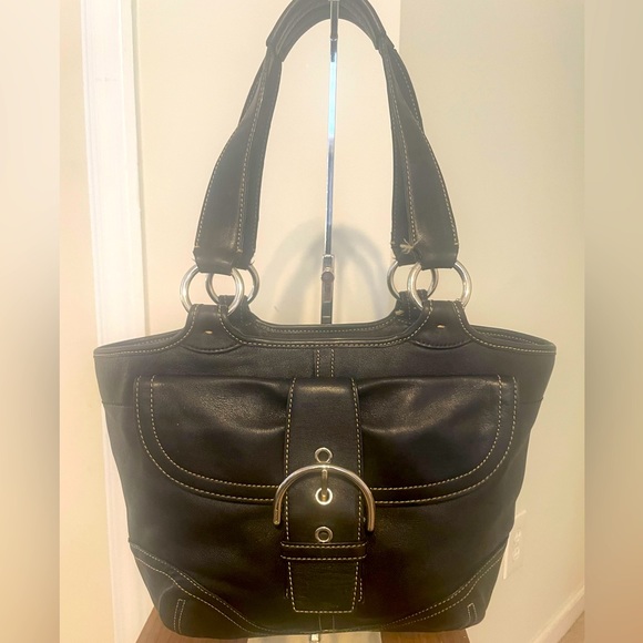 Coach Soho XL Double Handle Black Full Leather Contrast Stitch Tote - EUC - Picture 1 of 15